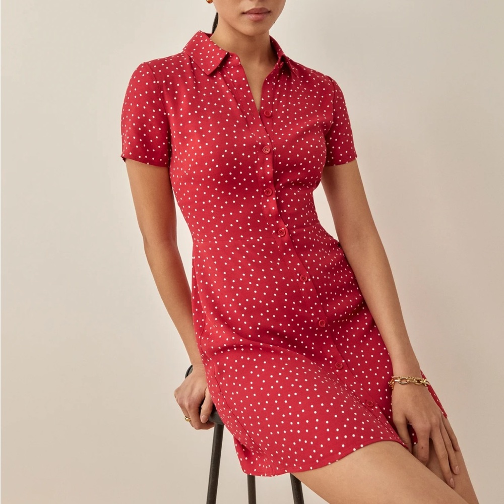Reformation Noble Dress in Ditty - red polka dot summer dress